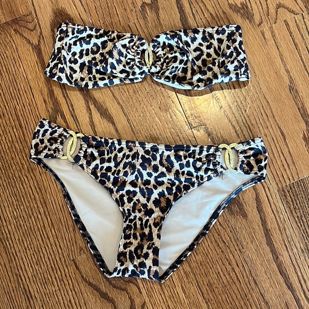 Victorias Secret Leopard Print Tan Brown and Black Bikini Gold Hardware Small
